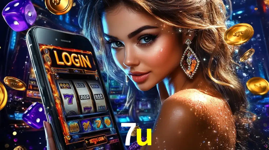 Mulher glamorosa segurando um smartphone com a tela de login para os jogos de caça-níqueis do cassino online 7u, com moedas de ouro e dados ao redor.