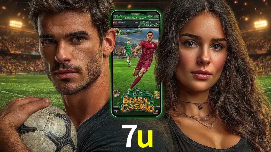 Homem segurando uma bola de futebol e uma mulher ao lado de um smartphone exibindo o jogo de apostas esportivas da 7u. Faça seu palpite no cassino online.